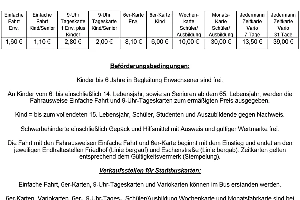 Tarife und Bedingungen Stadtbus ab 01.04.2025